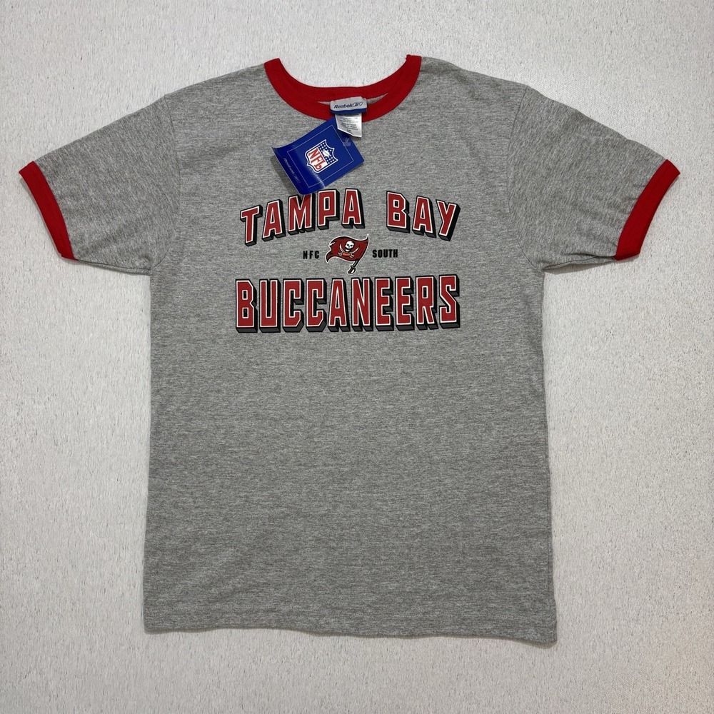 Vintage Reebok NFL Tampa Bay Buccaneers Shirt Youth Kids Large NWT Gray Ringer